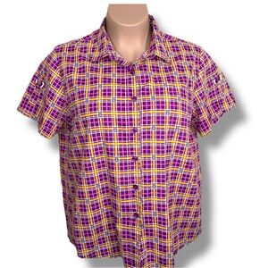 Vintage XL Adrian Delafield Short Sleeve Button Down Top Purple Plaid Tribal